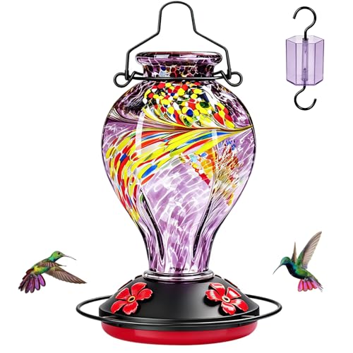 Hand Blown Glass Hummingbird Feeders for Outdoors Hanging, 24oz Wild Bird Nectar Feeder with Ant Moat and Perch, Bee-Resistant Ports, Garden Decor, Gifts for Women Mom, 1 Pack, Purple Phoenix - color: Purple Phoenix