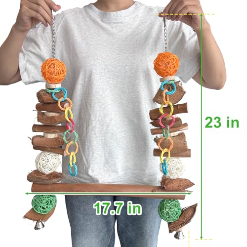 3-in-1 Parrot Toys Natural Coconut Fiber Parrot Hammock (Swing + Perch + Chew Toy) Natural Bird Perches for Medium Large Birds - 23" Bird Toys for Parrots Stand - color: Bird Stand