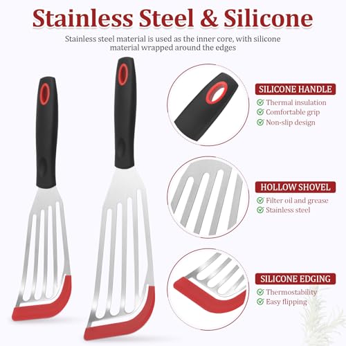 2 Pcs Silicone Fish Spatula Heat Resistant Silicone Edge for Nonstick Cookware Fish Turner for Use Flexible and Thin Stainless Steel Cooking utensil Ideal Slotted Spatula for Egg Pancake