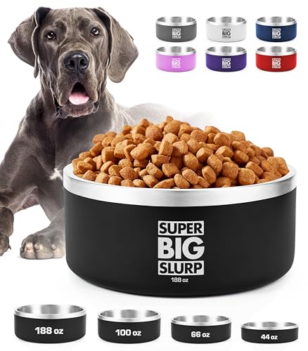 Tuff Pupper Heavy Duty Insulated Dog Bowl | Double Wall Stainless Steel Dog Food Dish | Non-Slip Spill Proof Dishwasher Safe Cat Bowl | Water Dish for Feeding Large Medium Small Pets (188oz, Black) - color: Epic Black, size: 188oz