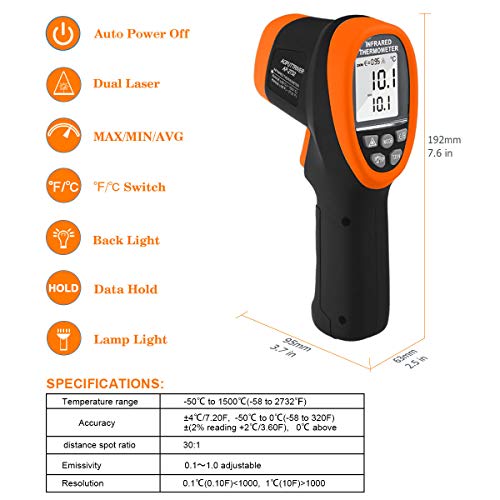 Digital Infrared Thermometer Gun, Dual Laser Industrial Pyrometer AP-2732 | -58℉- 2732℉ (-50℃~1500℃) High Temperature IR Thermometer 30:1DS,Adjustable emissivity 0.1-1.0 ,Hi/Lo Temp Alarm,Flashlight - color: AP-2732 Orange