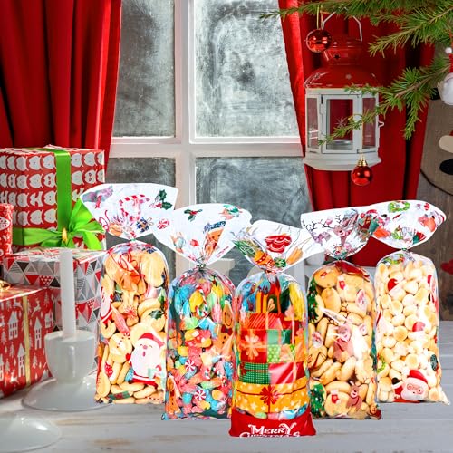 CUUSNNY 100 PCS Christmas Cellophane Treat Bags,9 Styles Clear Xmas Candy Goodie Bags with Twist Ties for Holiday Party Favors,Santa Claus Snowman Snowflake Gift Bags - color: Christmas