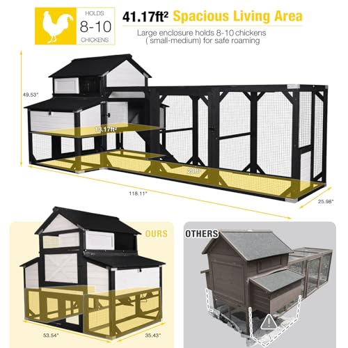 Aivituvin Extra Large Chicken Coop for 8-10 Chickens, Reinforced Structure Outdoor Wooden Chicken House with 6 Nesting Boxes, Extended Run, Waterproof Roof, Iron Edge, Black, 118" L x 26" W x 50" H