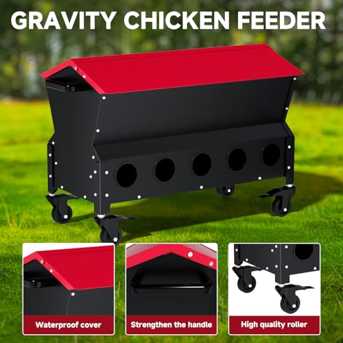 Heavy Duty Chicken Feeder 120 lbs Large Capacity, Metal Automatic Poultry Feeding Box with Waterproof Lid, Raised Standing Feeder with Wheels for Hens & Roosters, Portable & Easy to Move