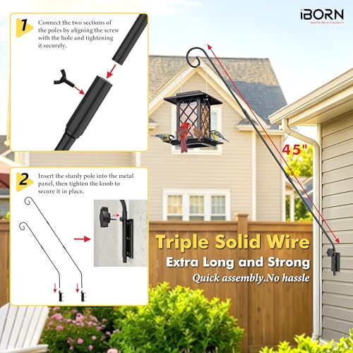 iBorn 45" Wall Mount Hanging Bracket,Heavy Duty Bird Feeder Pole for Hanging Bird Feeder, Planter, Suet Baskets, Wind Chimes, 180°Rotatable Arm,Solid Wire, Pack of 2 - size: 45"Hanging Bracket,Pack of 2