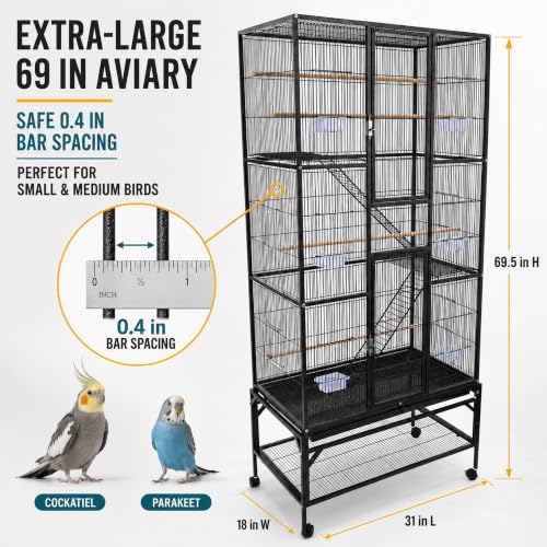 Large Bird Cage & Parakeet Cage, 69" Parrot Flight Cage with Rolling Stand | 0.4" bar spacing, 3-tier aviary, 12 doors, removable mesh shelf, 6 feeders, ideal cockatiel cage & budgie cage