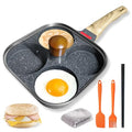 4‑Cup Nonstick Egg Pan Set with Lid – Aluminum Omelette Skillet for Breakfast, Includes Silicone Scraper, Oil Brush, Chopsticks & Cleaning Cloth – Compatible with Gas & Induction Cooktops (Black) - color: Black