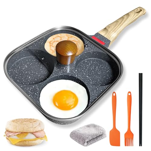 4‑Cup Nonstick Egg Pan Set with Lid – Aluminum Omelette Skillet for Breakfast, Includes Silicone Scraper, Oil Brush, Chopsticks & Cleaning Cloth – Compatible with Gas & Induction Cooktops (Black) - color: Black