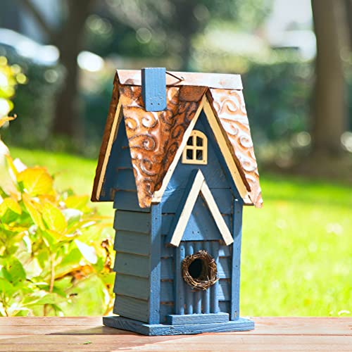 Glitzhome Bird Houses for Outside, 12" H Retro Blue Distressed Solid Wood Cottage Birdhouse Hanging Bird House for Outdoors, Bluebird House for Garden Patio Backyard - color: 12"H Blue