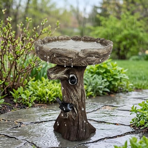 watnature 23” Tall Fibre Reinforced Concrete Birdbaths with Birds for Patio, Woodland Tree Trunk Decorative Outdoor Bird Bath for Garden，Pedestal Birdbaths for Outdoors, Garden, Patio, Lawn, Backyard - color: Faux Wood With Bird, size: 17.7dia. x 23H