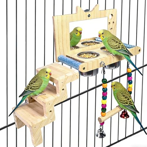 Bird Perch Platform with Mirror Ladder Swing Bowl,Parrot Play Gym Cage Toys | Bird Wood Playing Exercise Stands Perches,Parakeet Climbing Ladder Playground Cage Accessories for Cockatiel Budgie Lovebird - size: Bird Perch Platform with Mirror Ladder Swing