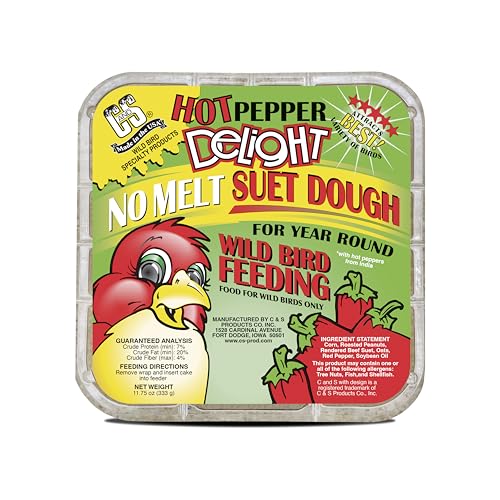 C&S Hot Pepper Delight No Melt Suet Dough 11.75 Ounces, 8 Pack | Hot Pepper suet, year-round no melt formula up to 100º F, won’t interest squirrels - size: 11.75 Ounce (Pack of 8), style: Hot Pepper, 8 Pack