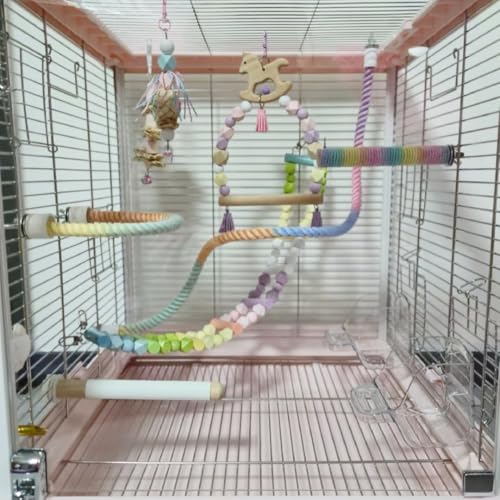 2Pcs Gradient Bird Rope Perch Stand Bird Cage Climbing Rope Toys Accessories of M5*30mm Screw for Cockatiels Lovebird Parakeet Budgies Sugar Gliders Hemp Swing(31.4'' & 14'') - size: 2pcs