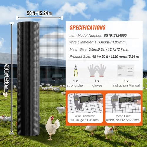 VEVOR Hardware Cloth, 48'' x 50' 1/2inch Galvanized Wire Mesh Roll, 19 Gauge Chicken Wire Fence Roll, Vinyl Coating Metal Wire Mesh for Chicken Coop Barrier, Rabbit Snake Fences, Poultry Enclosures - size: 1/2inch 48'' x 50'
