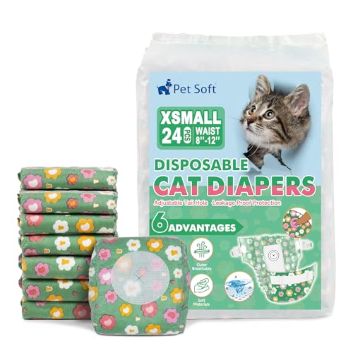 Pet Soft Disposable Cat Diapers - Diaper for Female & Male Cats, Puppy Doggie Diapers for Female Dogs with Adjustable Foam Tail Hole, X-Small (24Pcs, GN Flowers) - size: X-Small (24Counts)