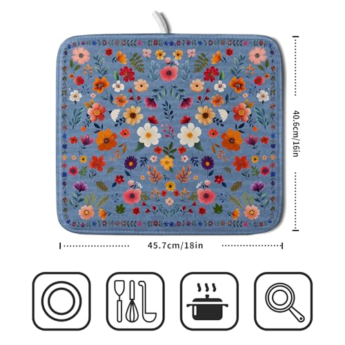 Lovely Flowers Dish Drying Mat - Blue Floral Kitchen Counter Microfiber Drying Pad 16 X 18 for Home Decor - color: Wildflowers Blue, size: 18" x 16"
