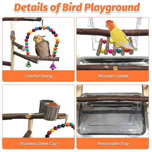 Kathson Wood Bird Playground Parrot Play Stand Bird Stand with Feeder Cups Birds Perch Stand with Ladder Hanging Swing Chewing Toys Conure Cage Accessories for Parakeet Conure Lovebird Cockatiel - size: Three floors