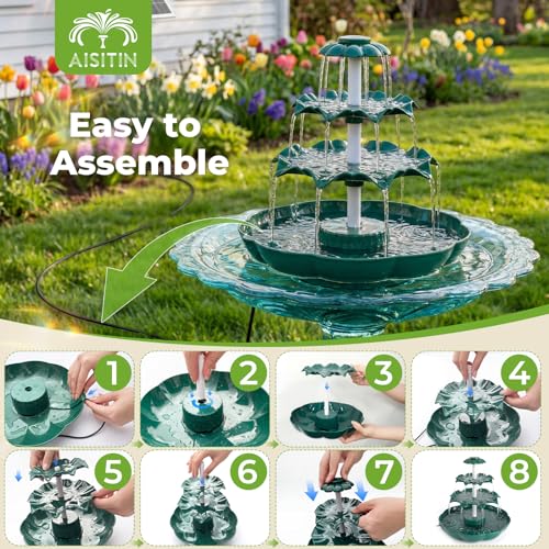 AISITIN 6.5W Solar Bird Bath Fountain, 3-Tiered Waterfall, DIY Detachable | Solar Fountain Pump & Adjustable Panel, Lightweight Resin Plastic for Garden, Outdoor Bird Feeder, Pond Decor