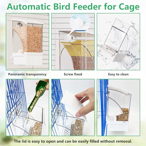 Hamiledyi Automatic Bird Feeder No Mess Bird Cage Feeder Transparent Acrylic Parrot Seed Food Container with Perch Cage Accessories for Parakeet Finch Lovebirds Budgies Canary (White) - color: White Transparent