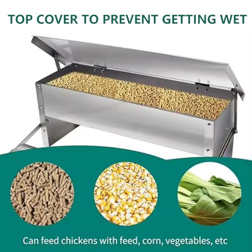 Automatic Chicken Feeder with Weatherproof Lid 4-9kg Metal Treadle Feeder Feeds 6 Chickens up to 10 Days for Roosters Pheasant Chicken Outdoor Coop(Size:Large - 82.5x18cm) - size: Large - 82.5x18cm