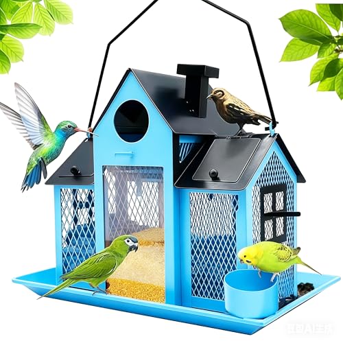 Solar Bird Feeders House for Outside Hanging, Metal Wild Bird Feeder for Outdoors Large Capacity Cardinal Birdfeeder Birdhouses Metal Bird Feeding Station Blue - color: blue