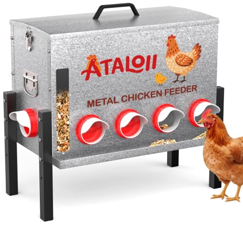16gal 82LB Large Automatic Chicken Feeder with Window, Food Tray - No Waste | No Spill, Rust-proof Alloy Steel Poultry Feeder, Waterproof Metal Chicken Feeder for Indoor & Outdoor Chicken Coops (10 Ports - size: 16gal