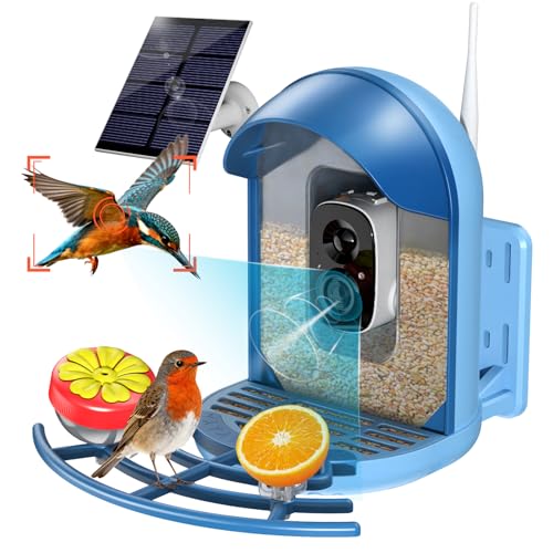 Smart Bird Feeder with Camera, AI Recognition, Solar Powered, 2K HD | Identify birds with AI, record sharp 2K videos, enjoy solar charging, night vision, smart alerts and IP66 outdoor durability. - color: Blue, size: With Stand