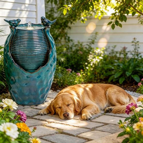 Autodaya 25" H Jar Ceramic Outdoor Water Fountain with LED Lights and Birds | Elegant Turquoise Glaze with Bubble-Like Texture, Decorative Garden Water Feature, cascading water flow for yard sanctuary - color: 25"h Turquoise