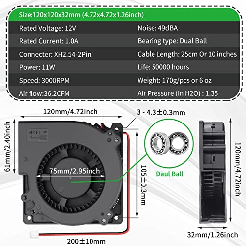 120mm x 32mm Dual Ball 12V Centrifugal Blower Fan Squirrel Cage 2P | 12Volt Brushless for DIY Computer Case Amp RV Fridge Electronics Exhaust Inflatable Replacement Projects - style: 12V DC Brushless Blower