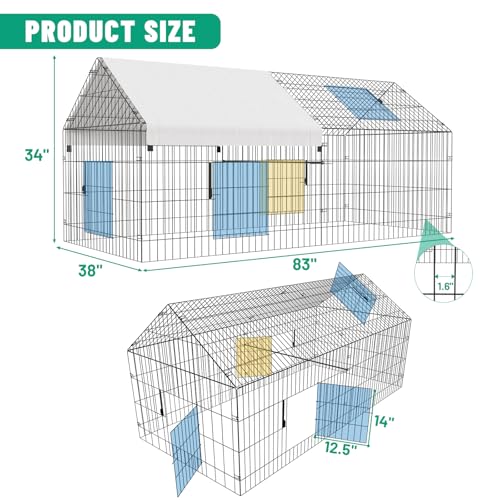 NUGRIART Metal Chicken & Duck Coop with Run – 83”x38” Waterproof Poultry Cage, Portable Chicken Run, Ideal for Chicks, Hens & Ducks - size: 83"L x 38"W x 34"H