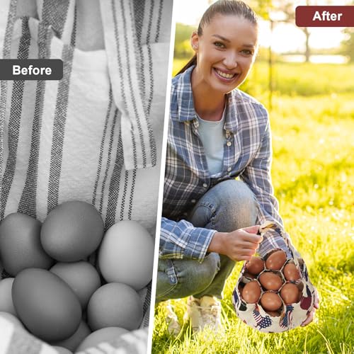 Egg Collecting Basket, Egg Basket for Gathering with 7 Pouches | Canvas Chicken Egg Basket for Chicken, Duck, Goose, Bird, Various Poultry Collection (Flag Chicken) - style: Flag Chicken