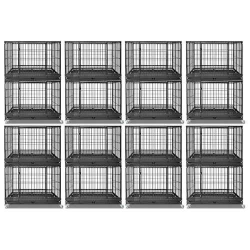 Homey Pet Two Tiers Heavy Duty Dog Crates for Large Dogs, 8 Pack | 47 Inch Stackable Large Dog Crate Cage with 4 Wheels, 2 Removable Trays and Grids, Multi Locks Strong & Solid Escape Proof - size: 47"L-2 Tiers-8P