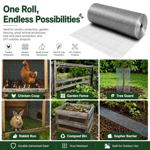 Hardware Cloth 1/2 in. x 4 ft. x 100 ft. 19-Gauge | Wire Mesh Roll, Chicken Wire Fencing, Gopher Wire, Garden Fencing, Chicken Wire Fence Roll, Tree Guard - size: 1/2'' x 48'' x 100'