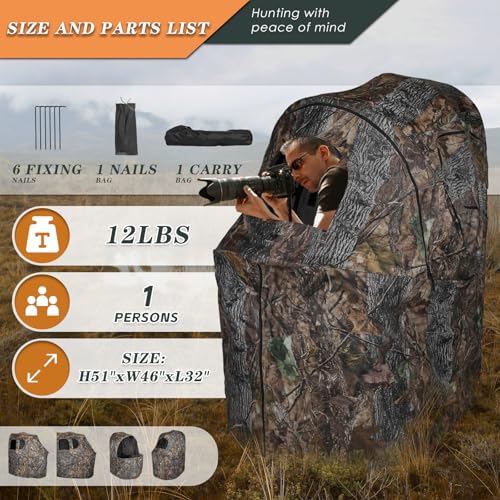 Hunting Chair Blind, 1/2 Man See Through Ground Blind, Camo Tent | Built-in Chair, Portable Blind, One-Way See Through, 1/2 Person, Camouflage, With Carrying Bag, Hunting Blind, Hunting Gear - style: 1 Person