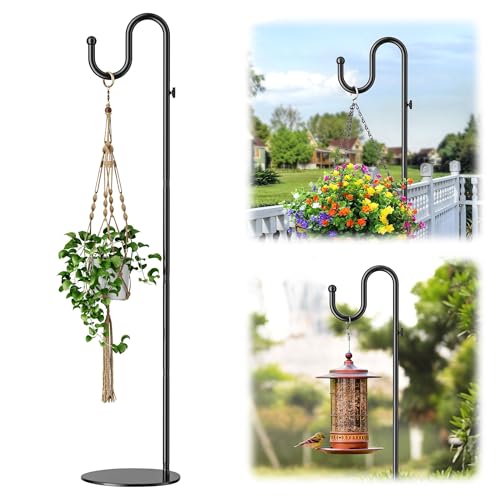 74" Shepherds Hook Stand: Hanging Wind Chimes, Bird Feeders, Plants | Adjustable, Heavy Duty Base, Free Standing Pole Holder for Indoor & Outdoor, Holds Up to 20 LBS - color: Black
