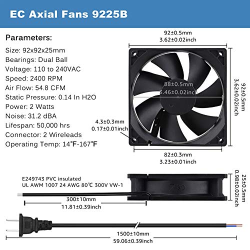 GDSTIME 92mm EC Axial Fan AC 110V 120V Dual Ball Bearing Brushless Cooling | 92x92x25mm, 80-240V wide, 2W Low Power, ON/OFF Switch, for Amplifier, Cabinet Ventilation Exhaust Projects - size: 92x25mm