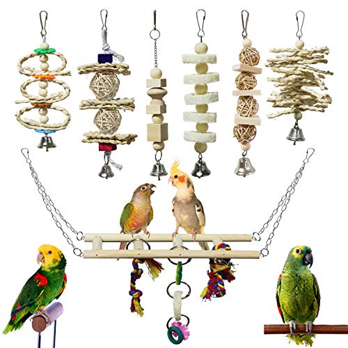 BWOGUE 7 Pack Bird & Parrot Toys, Bird Cage Toys for Conures, Wood Chew Set | Natural Wood, Bird Toys & Conure Toys, Climbing & Hanging Play, Hammock Rest, Corn Leaves & Luffa, Parakeets & Cockatiels
