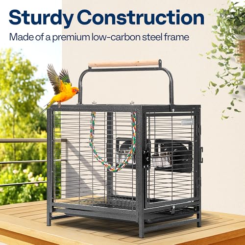 VIVOHOME 19 Inch Wrought Iron Travel Bird Cage for Cockatiel Parakeets | Bird Travel Carrier Cage with Wooden Handle/Perch, Slide-out Tray for Small Parrots Conures Lovebirds Canaries Finches, Black - color: Black