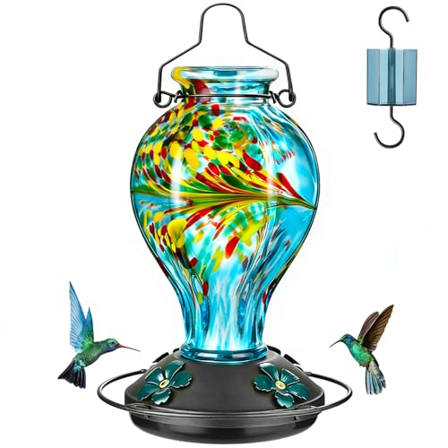 Hand Blown Glass Hummingbird Feeders for Outdoors Hanging, 24oz Wild Bird Nectar Feeder with Ant Moat and Perch, Bee-Resistant Ports, Garden Decor, Gifts for Women Mom, 1 Pack, Blue Phoenix - color: Blue Phoenix