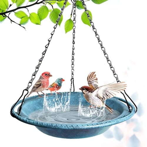 Hanging Bird Bath & Feeder Bowl, 12 in, Antique Blue | Weather-Resistant PP, Backyard Garden Decor - color: Blue