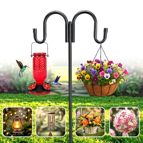 Black Double Shepherds Hook - 67 Inch Adjustable Bird Feeder Pole with 5 Prongs Base - Heavy Duty Rustproof Shepards Hooks for Outdoor Hummingbird Feeder Stand, Solar Lights, Lanterns, Flower Basket