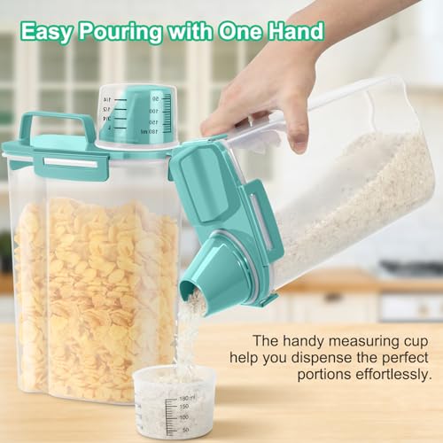TBMax Rice Container Cereal Storage Container 2 Pack 5 Lbs, Kitchen Pantry Dry Food Storage Holder with Easy-Pouring Spout & Handy Cup, Small Pet Dog Cat Food Dispenser for Daily Feeding -Cyan - color: Cyan 3+3Qt