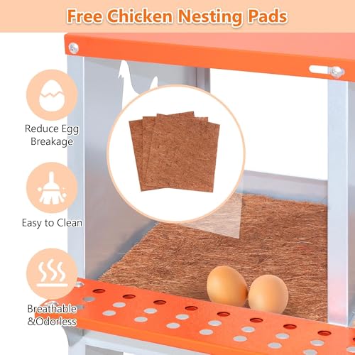 3 Bay Metal Nesting Box, Orange Wall Mount Chicken Nest for Hens & Ducks, Heavy Duty Galvanized Steel with Hen-Shaped Vents & Coconut Fiber Pad, Easy Tool-Free Assembly (Orange/Silver) - size: 31.8"L x 17.0"W x 15.0"H