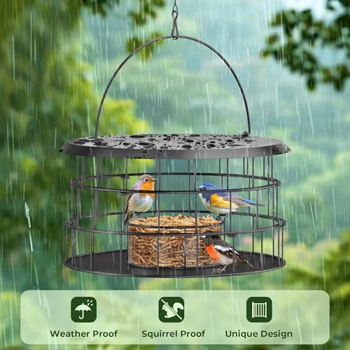Hanging Bird Feeder, Metal Caged Squirrel Proof Bluebird Feeders Metal Mesh | All Metal, Cage Mealworm Bird Feeder with Tray, Squirrel Proof & Weatherproof, Easy to Refill & Clean
