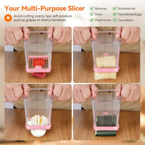 Fruit Slicer Cup for Strawberry, Banana, Hard-Boiled Egg - Detachable Cutter with Push Plate - Rapid & Safe Slicing Kitchen Gadget for Quick Meal Prep, Pink - color: Pink