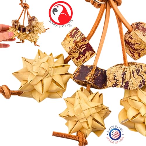 Bonka Bird Toys 1056 Palm & Pod Forage Cluster 5" x 3" Natural Mahogany Pods Palm Flowers Leather Strands for Parrotlets Budgies Lovebirds Small Parrots Cage Enrichment