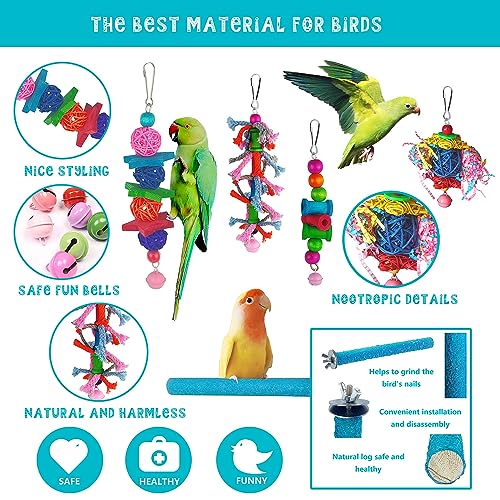 23pcs Bird Parakeet Cockatiel Toys,Parrot Swing Chewing Hanging Toy with Safe Bells,Bird cage Colorful Climbing Standing Rope Natural Wood Ladder Bungee Toys
