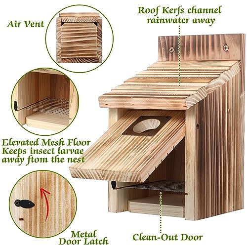 Dreyoo 1 Pack Cedar Bluebird Box Houses for Outside, 1-1/2” Entrance Hole Wooden Bird Houses with Metal Predator Guard, Secure Latch, Fledgling Grooves, Air Vents for Bluebird Wren Swallow Finch