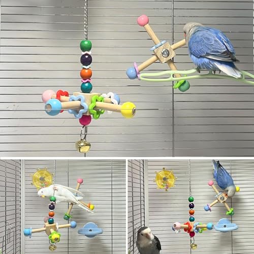 2pcs Bird Spinner Toys for Parrots with Bells for Cage, Natural Wood | Parakeet Toys, Bird Cage Accessories Chewing Hanging for Small and Medium Birds, Cockatiel, Conure, Lovebird, Budgie, Quaker