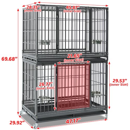 Homey Pet Two Tiers 47 Inch Large Heavy Duty Dog Crate, 6 Pack | Stackable Indestructible Kennel with Dual Trays & Grids, Wheels, Bowls, Escape Proof Locks, Double Doors for Large Dogs - size: 48"L - 2 Tiers - 6 Pack